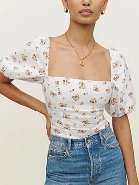 Reformation Arancini Linen Top in White Floral Size 8